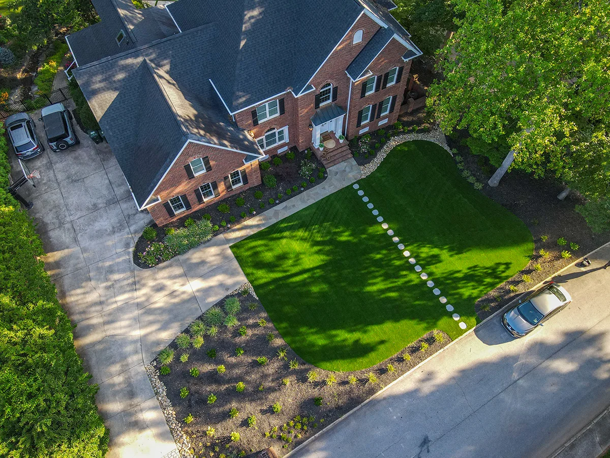 Aerial view of landscaping Greer SC front and pool deck renovation project