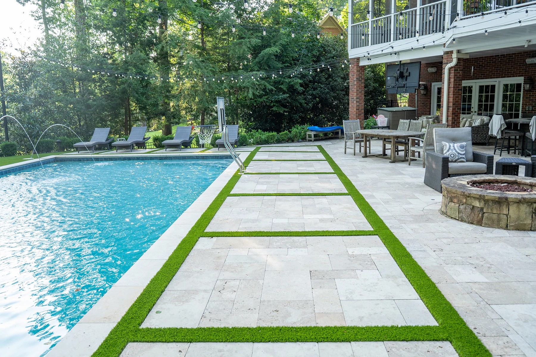 Full pool area renovation landscaping Greer SC with synthetic turf inlays