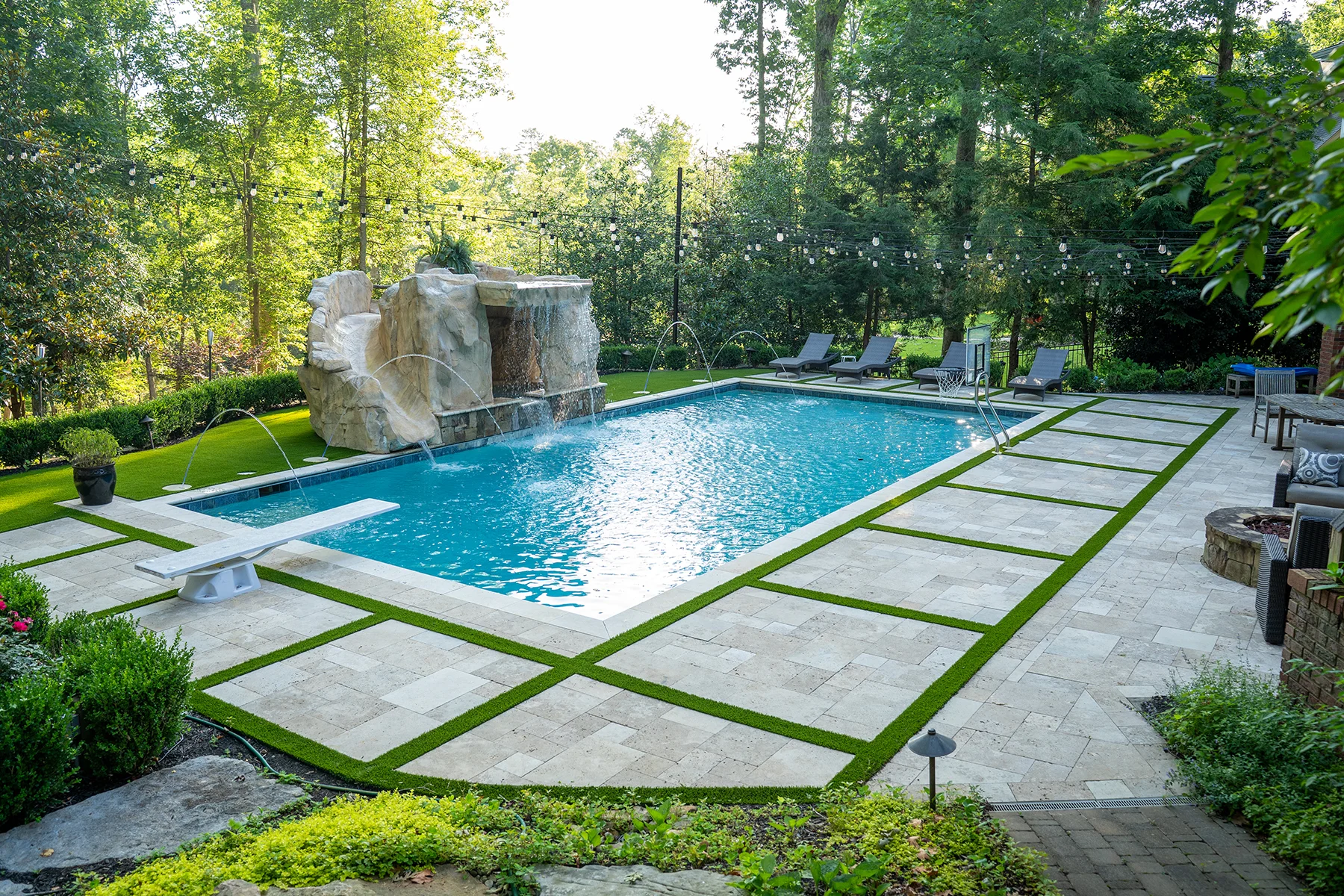 Seating zones and steps in landscaping Greer SC pool deck renovation