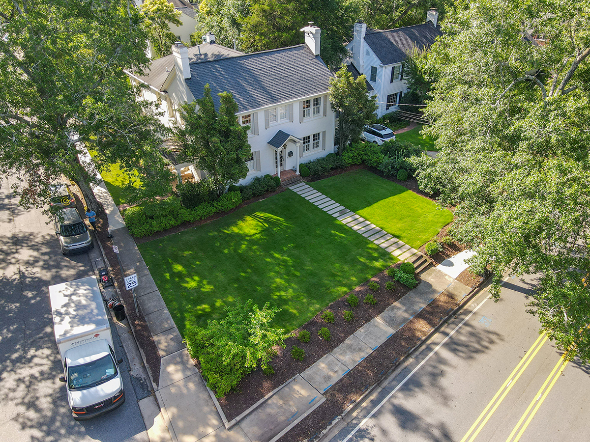 Aerial view of completed multi-phase modern landscape design in Greenville SC