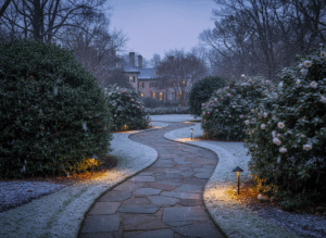 Winter landscaping Greenville SC on an affluent estate with protective evergreens and seasonal design ideas.