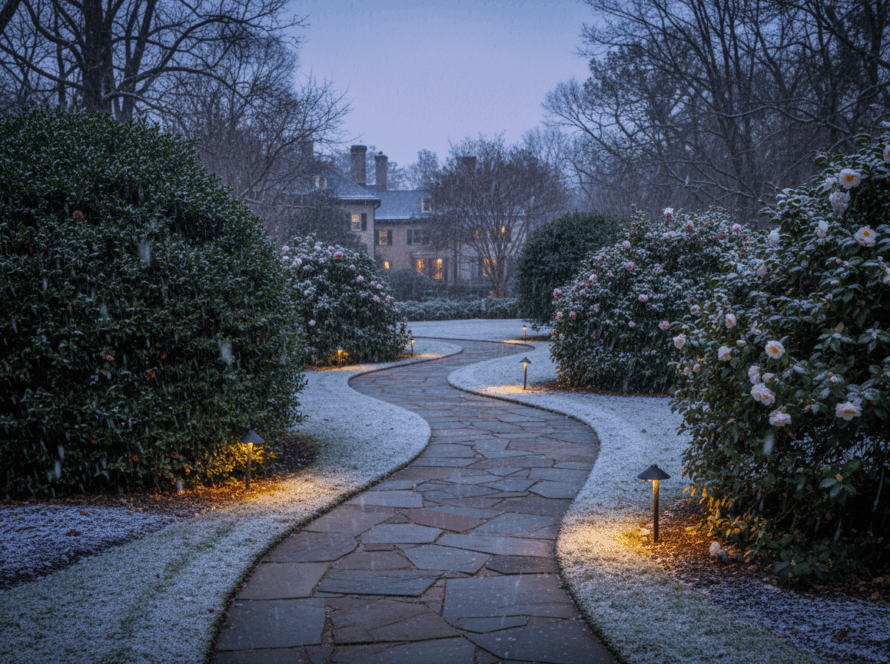 Winter landscaping Greenville SC on an affluent estate with protective evergreens and seasonal design ideas.