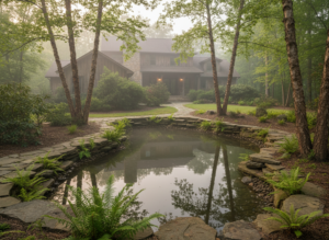 Sustainable backyard water feature ideas for Greenville SC featuring a natural pond with eco-friendly stone elements and local plants.