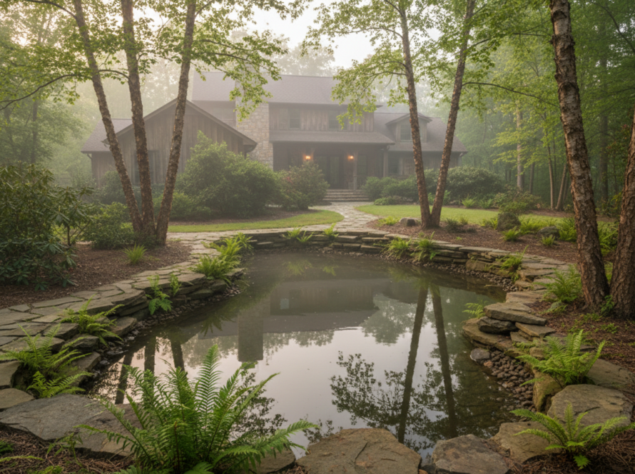 Sustainable backyard water feature ideas for Greenville SC featuring a natural pond with eco-friendly stone elements and local plants.