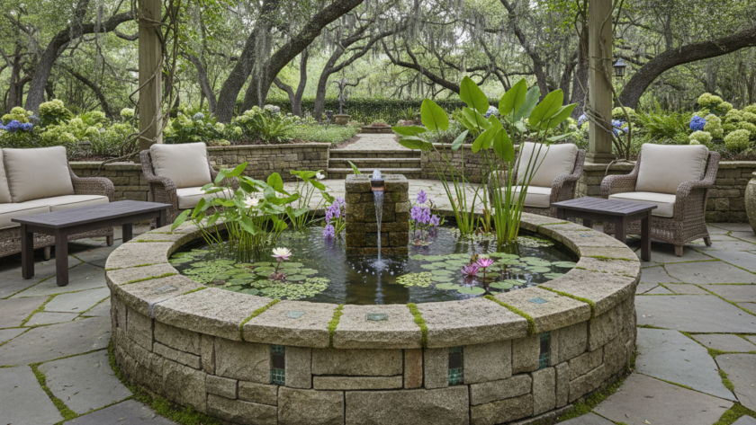 Eco-friendly backyard fountain ideas for Greenville featuring recycled materials and aquatic plants adapted to local humidity and outdoor living spaces.