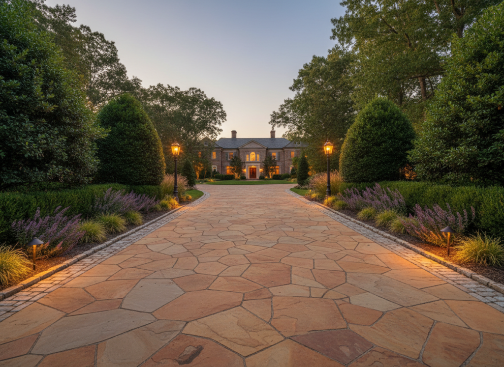 Flagstone hardscaping trends for Greenville SC estates with warm tones, edging, and integrated lighting for refined curb appeal