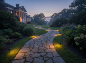 Hardscaping trends for Greenville SC estates featuring sustainable stone elements and integrated lighting in a refined garden setting