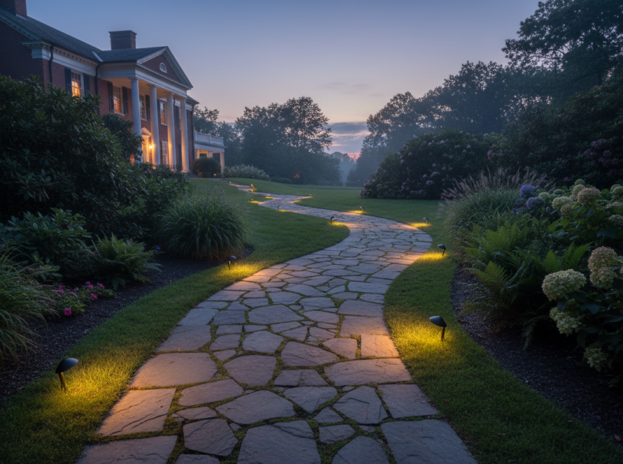 Hardscaping trends for Greenville SC estates featuring sustainable stone elements and integrated lighting in a refined garden setting