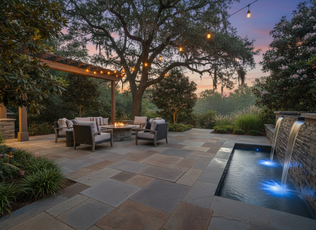 Hardscaping trends 2026 for Greenville estates with natural stone patios and integrated water elements for enduring outdoor spaces