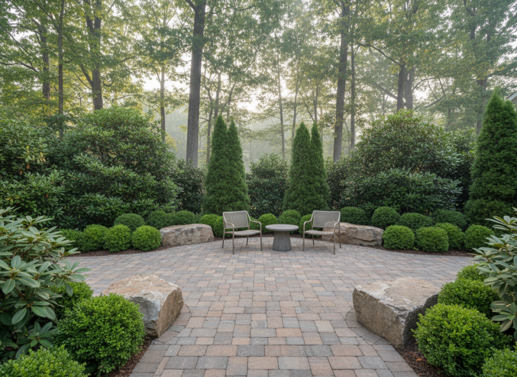 Permeable pavers and boulder accents in hardscaping trends for Greenville SC estates, emphasizing sustainability and texture