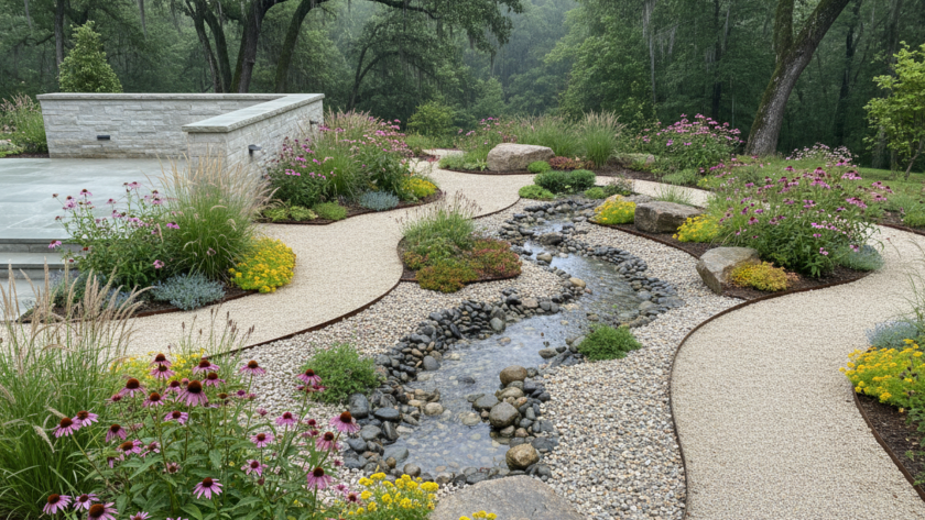 Rain garden water feature ideas for SC backyards emphasizing sustainable drainage with permeable surfaces and native drought-tolerant plants.