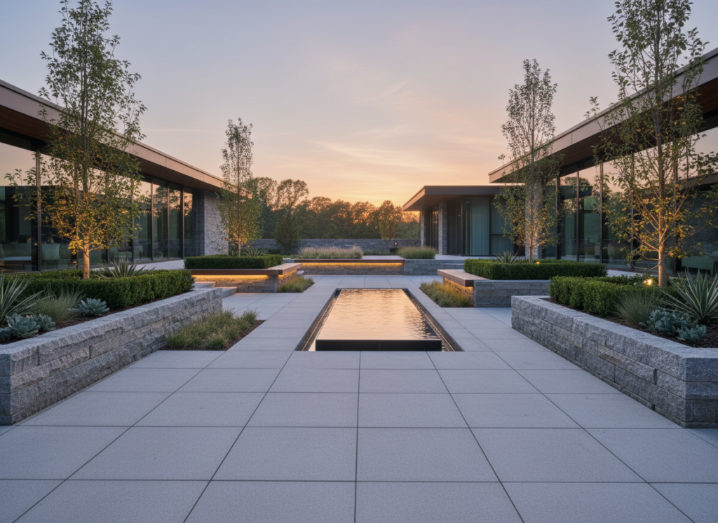 Sustainable hardscaping in Greenville SC estates showing pavers and retaining walls with intentional, low-maintenance design