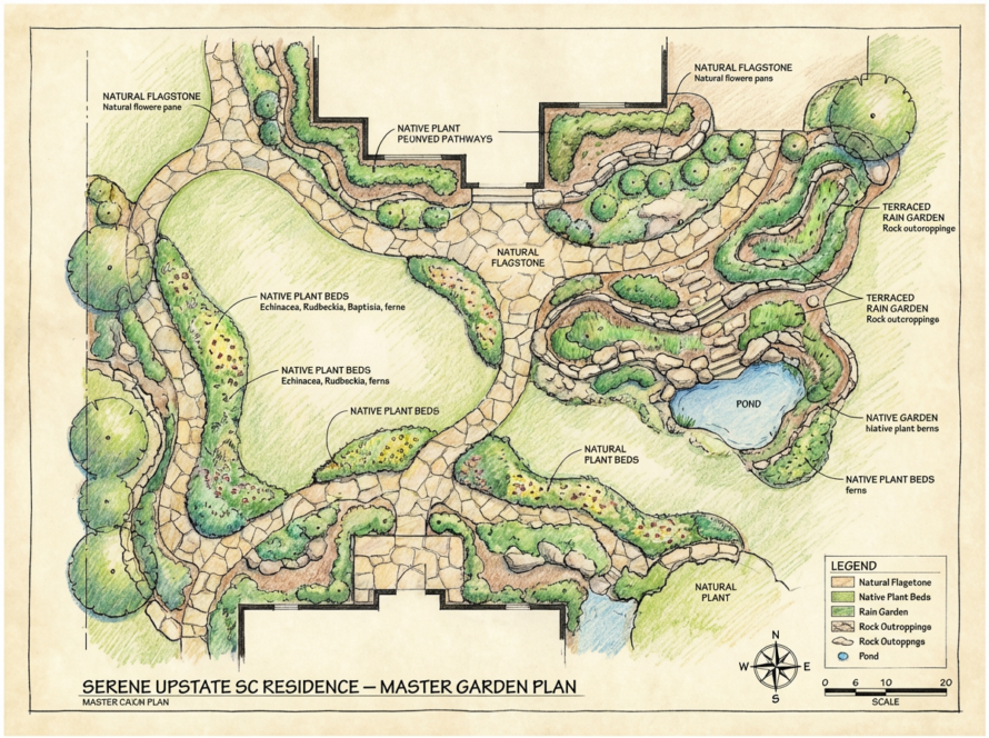 Sustainable landscape design in Greenville SC featuring native plants and eco-friendly elements