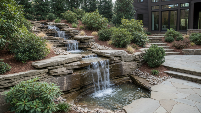 Sustainable water feature design ideas in Upstate SC showcasing a cascading waterfall with natural rocks and climate-appropriate greenery for backyard enhancement.