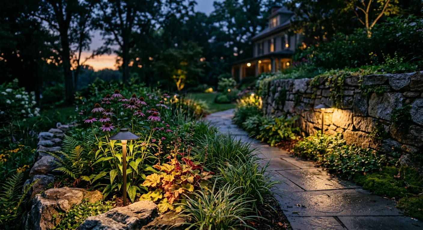 Energy-efficient outdoor lights in Greenville SC highlighting sustainable landscape features