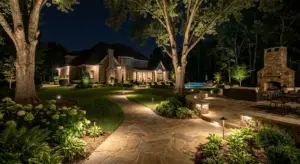 Outdoor lighting in Greenville SC enhancing estate landscapes with subtle pathway lights and tree uplighting