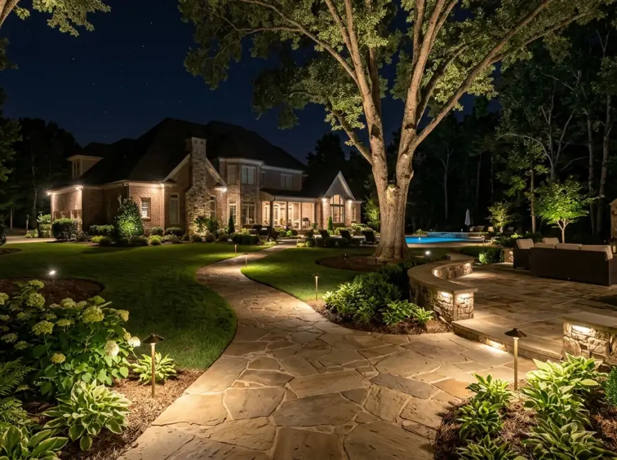 Outdoor lighting in Greenville SC enhancing estate landscapes with subtle pathway lights and tree uplighting