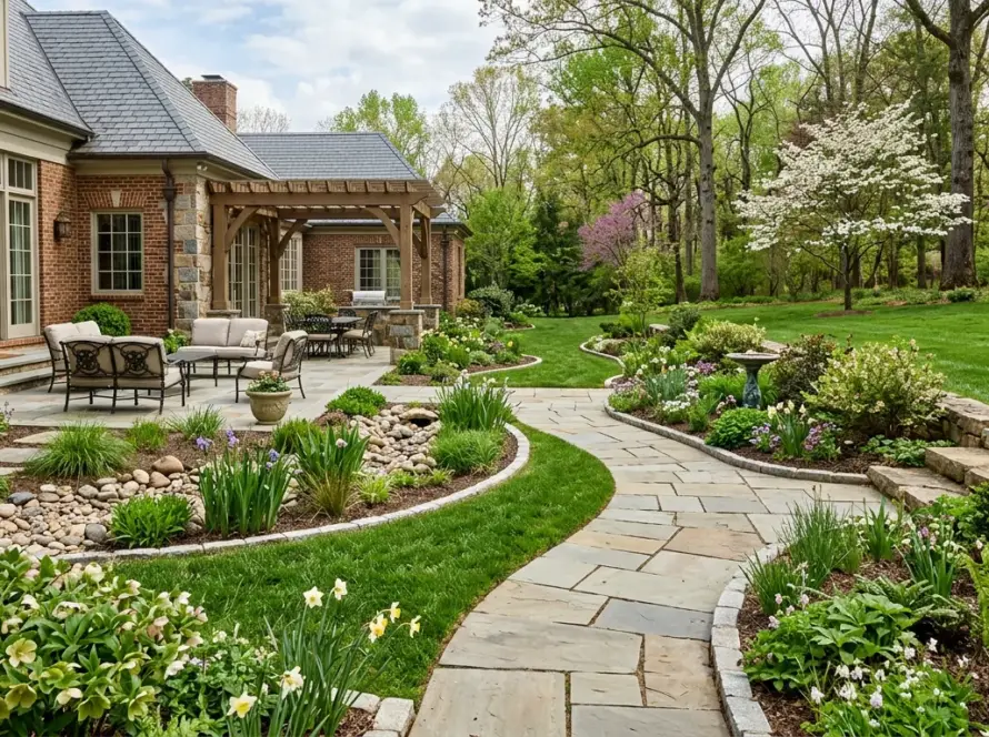 Spring landscaping ideas for Greenville SC estates featuring native plants and refreshed hardscape elements