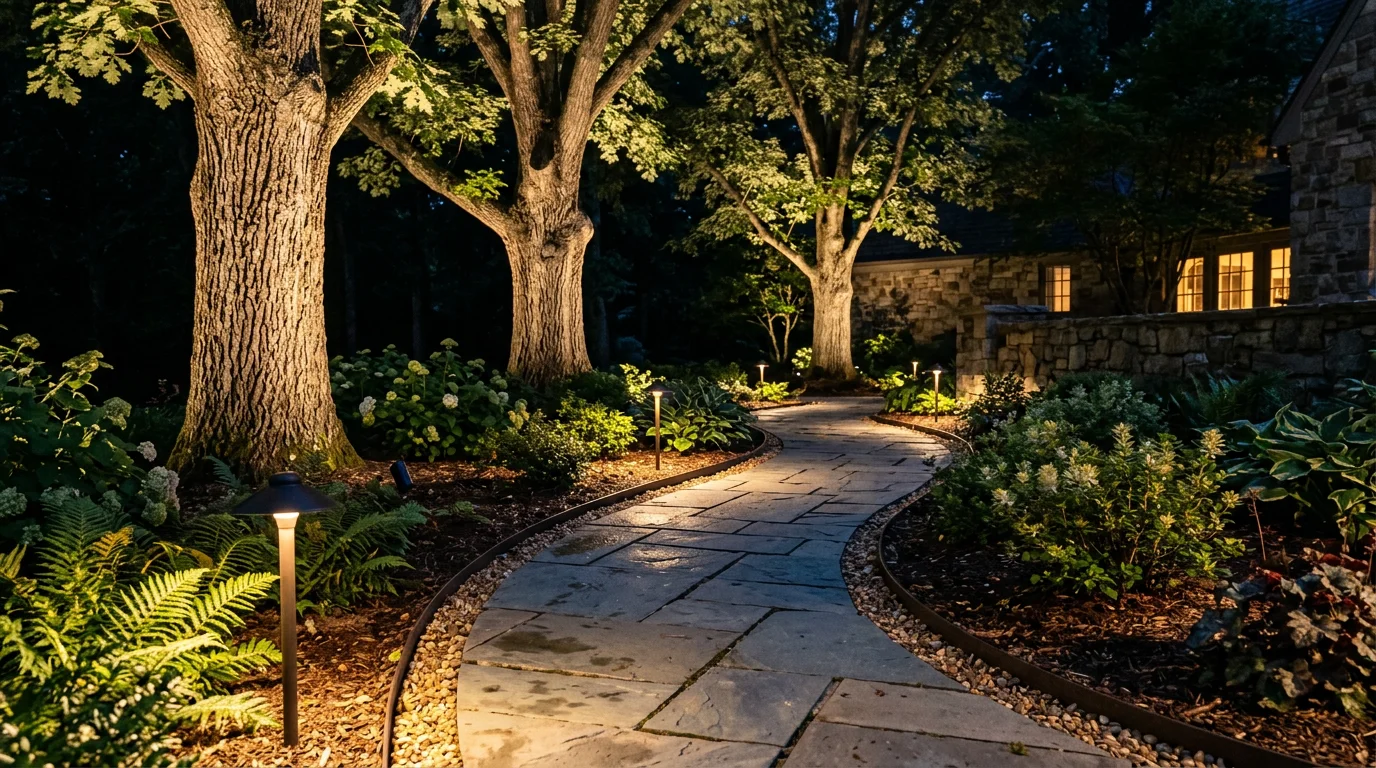 Energy-efficient outdoor lights greenville sc featuring LED tree uplighting and pathway illumination on estate hardscape