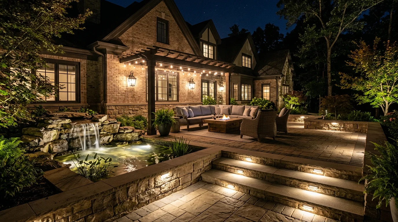 Greenville pathway lighting and hardscape accent lights creating sustainable outdoor living ambiance on Upstate estates