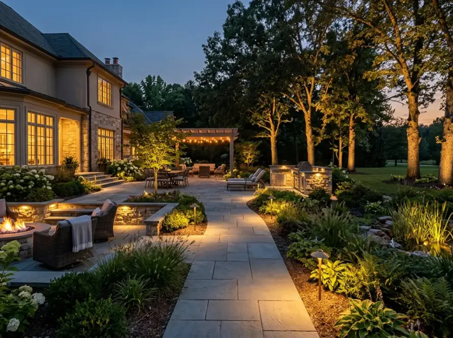 Energy-efficient outdoor lighting for Greenville SC estates with sustainable pathway and accent illumination