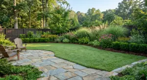 Multi-phase landscape design with stone patio and layered plantings in Greenville, SC