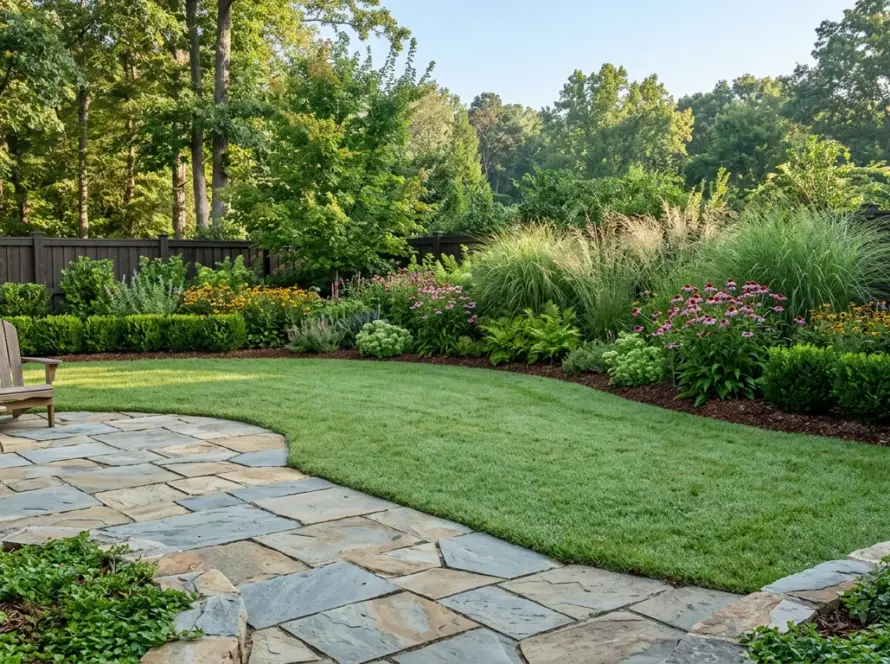 Multi-phase landscape design with stone patio and layered plantings in Greenville, SC