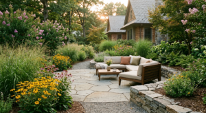 Summer stone patio design with native plantings for outdoor living in Greenville, SC