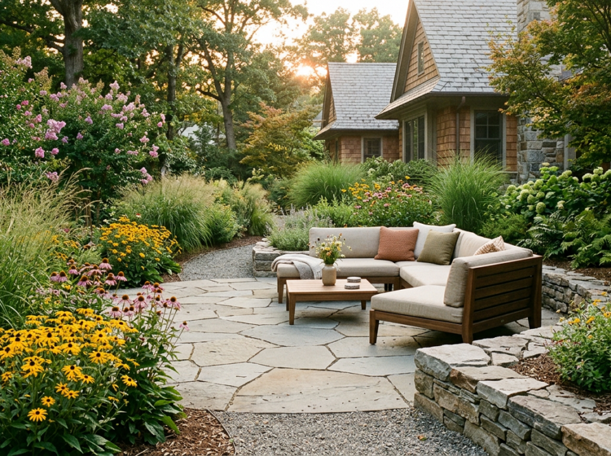 Summer stone patio design with native plantings for outdoor living in Greenville, SC