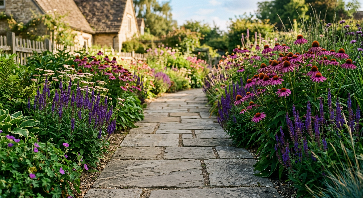 Stone hardscape path with summer flowering plants for outdoor living design in Greenville, SC