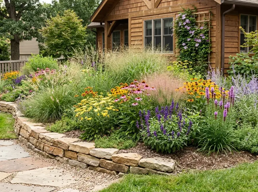 Drought-tolerant native plant bed in a water-wise landscape design in Greenville, SC
