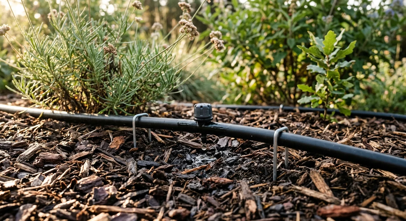 Drip irrigation system installed among drought tolerant plants in an Upstate SC yard