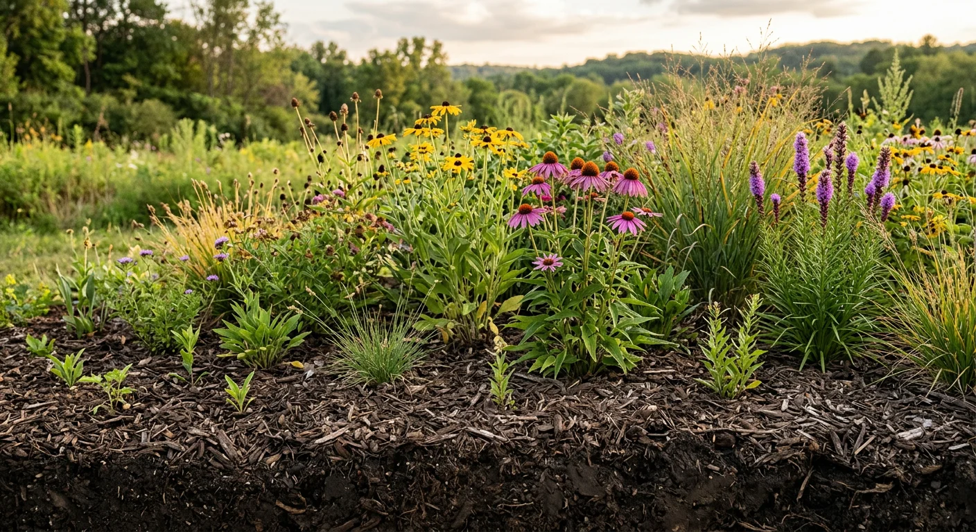 Layered mulch and soil preparation for native drought tolerant plants in Greenville, SC