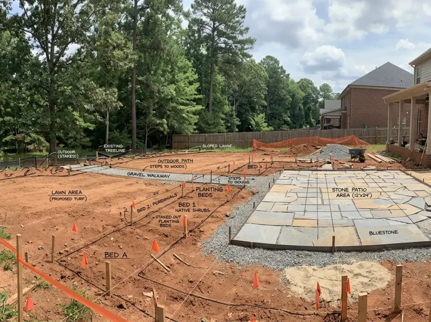 Completed multi-phase landscape design with stone patio in Greenville, SC