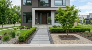 Modern minimalist landscape design with clean lines and structured plantings in Greenville, SC yard