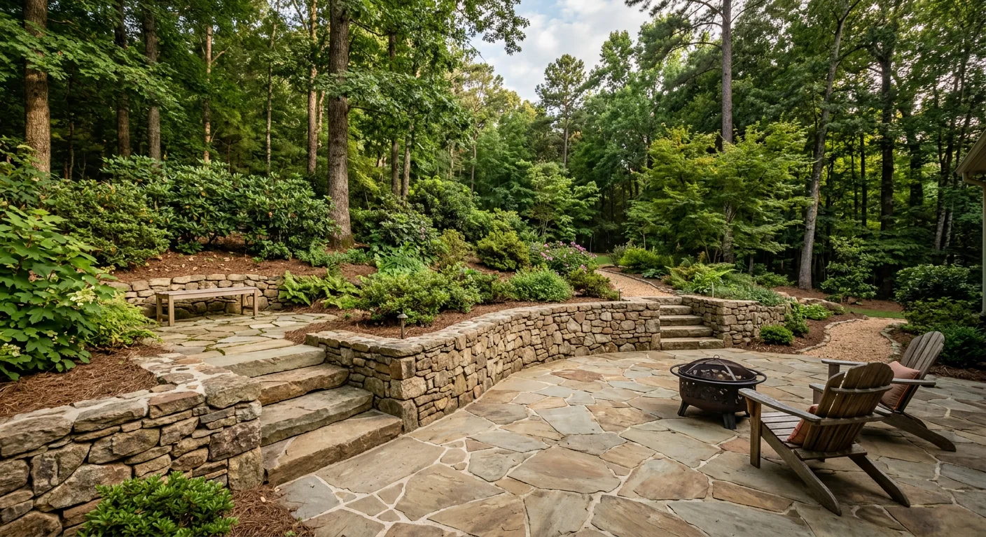 Completed multi-phase landscape design with stone patio in Greenville, SC