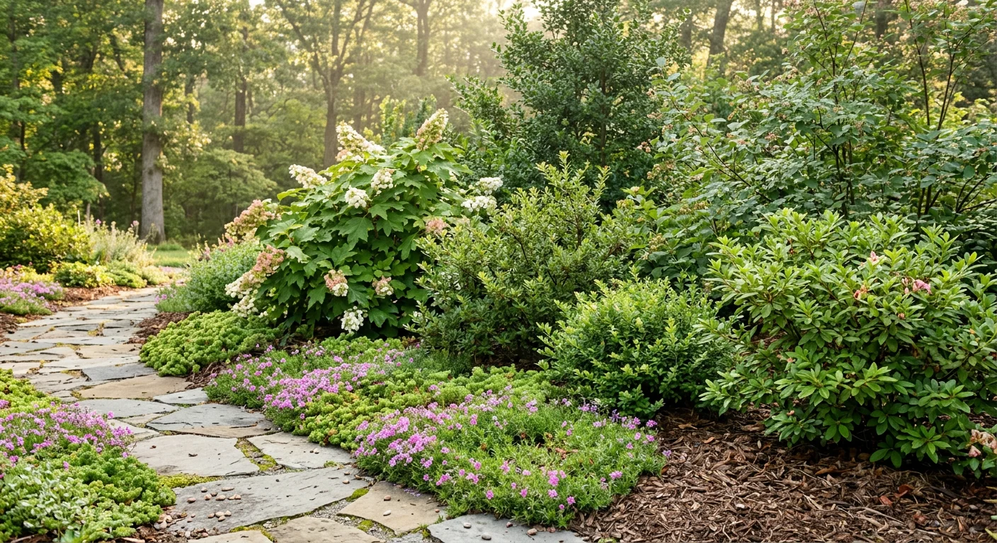 Native plant landscape design along a stone walkway in an Upstate, SC yard