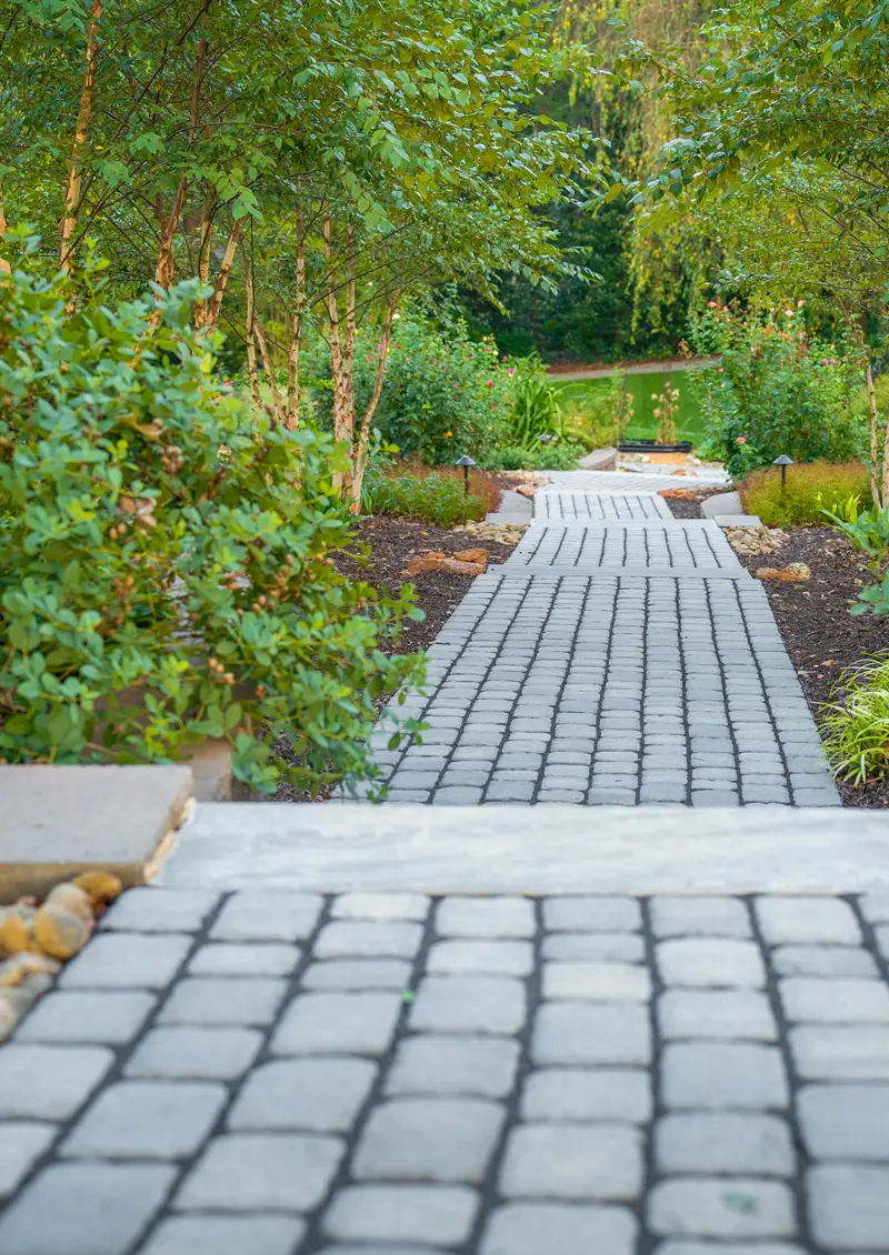 Stepped stone pathway with solar lanterns, hardscaping in Greenville, SC